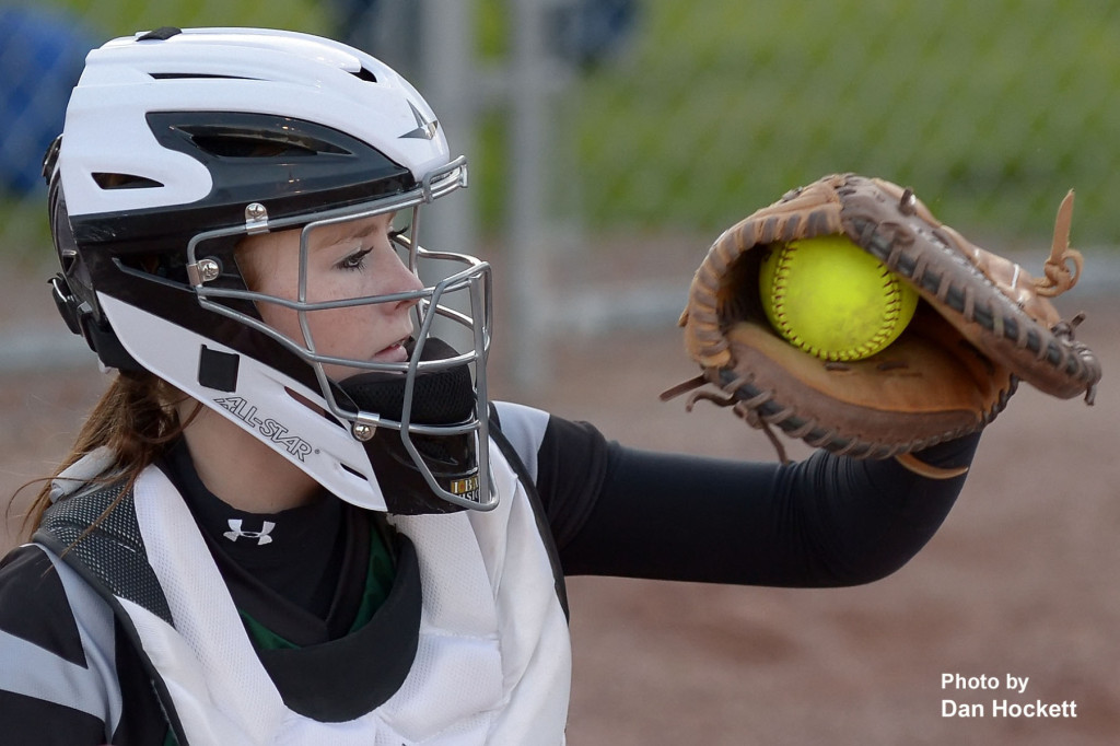 Photo by Dan Hockett West Burlington – Notre Dame Catcher Kelci Hill stops an Alex Yacko pitch against Harmony Thursday night in West Burlington. WBND defeated Harmony, 22-0, in 3-innings. 